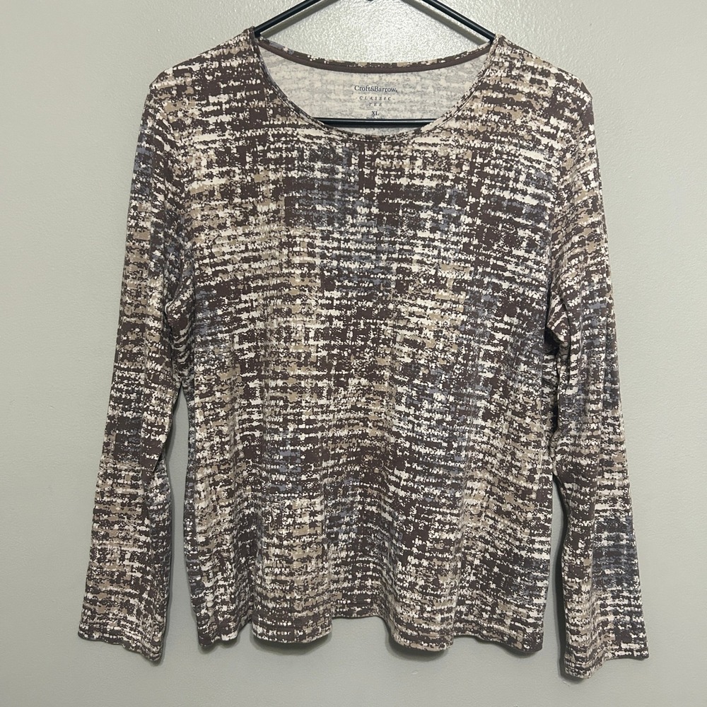 Croft & Barrow Classic Tee Women XL Brown Abstract Cotton Long Sleeve Minimalist